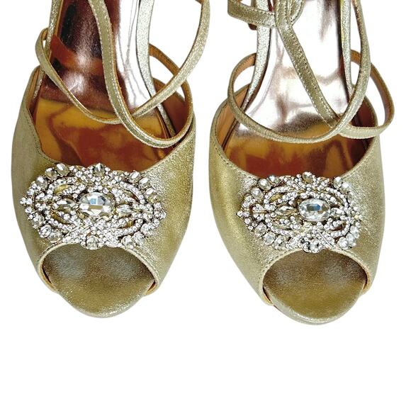 BADGLEY MISCHKA Shimmer Gold FISHER II Rhinestone Heeled Sandals Sz 9 - Picture 3 of 9